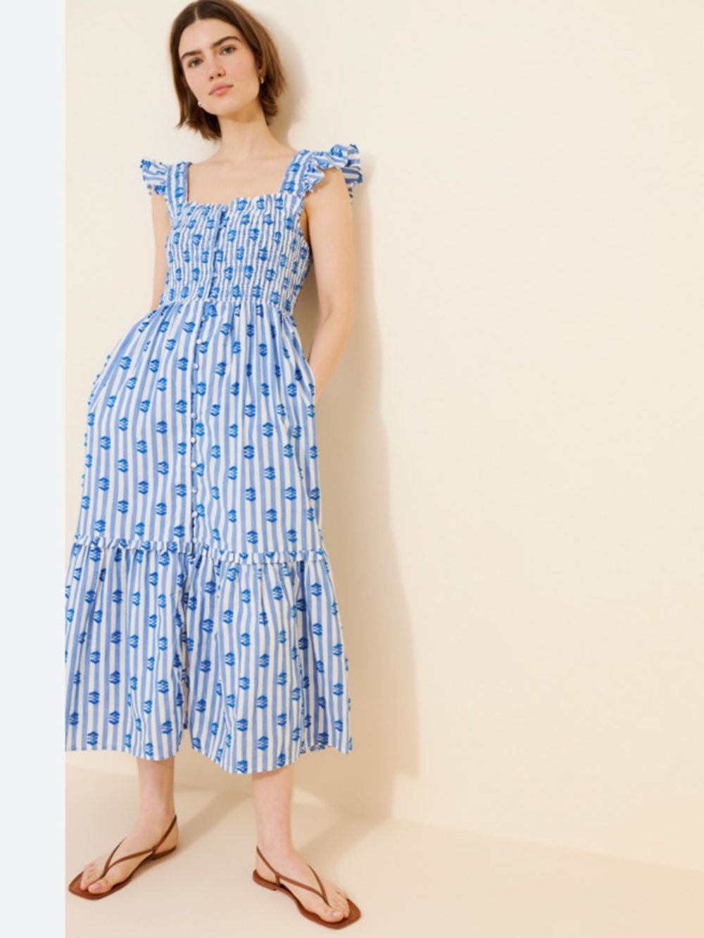 NWOT Anthropologie Smocked Blue & White Striped Midi Dress